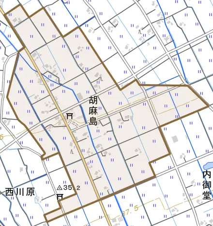 胡麻島とその周辺の地図。町の範囲を重ねている