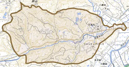 五郎丸とその周辺の地図。町の範囲を重ねている