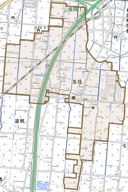 五社とその周辺の地図。町の範囲を重ねている