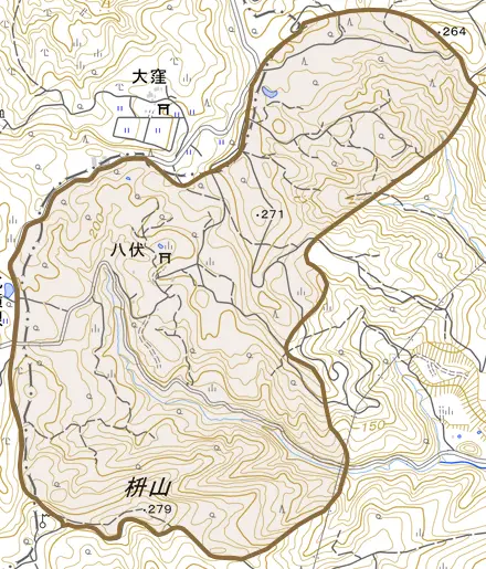 八伏とその周辺の地図。町の範囲を重ねている