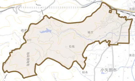 埴生とその周辺の地図。町の範囲を重ねている