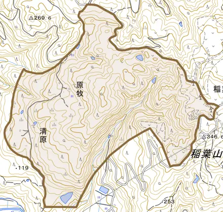 原牧とその周辺の地図。町の範囲を重ねている