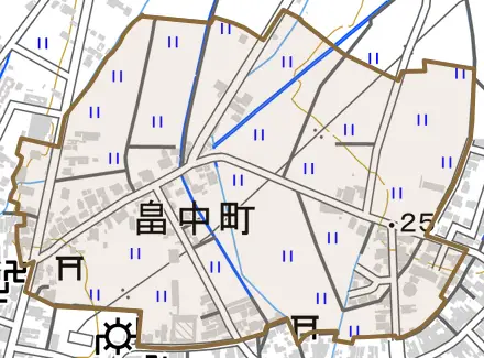 畠中町とその周辺の地図。町の範囲を重ねている