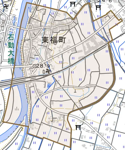 東福町とその周辺の地図。町の範囲を重ねている