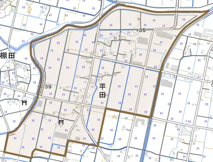 平田とその周辺の地図。町の範囲を重ねている