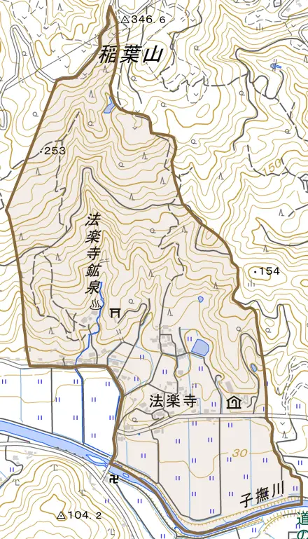 法楽寺とその周辺の地図。町の範囲を重ねている