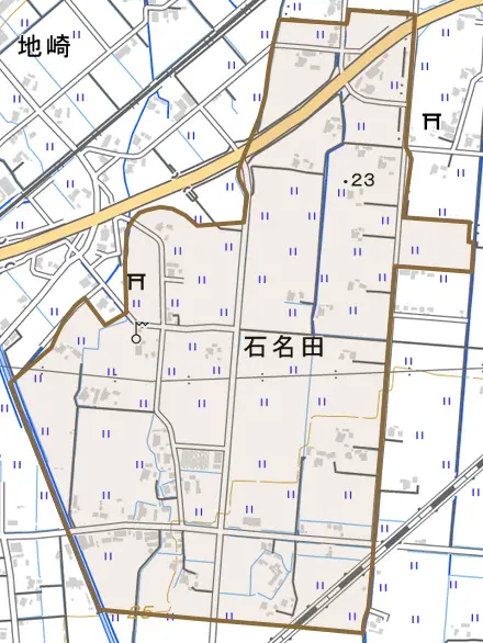石名田とその周辺の地図。町の範囲を重ねている