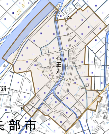 石王丸とその周辺の地図。町の範囲を重ねている
