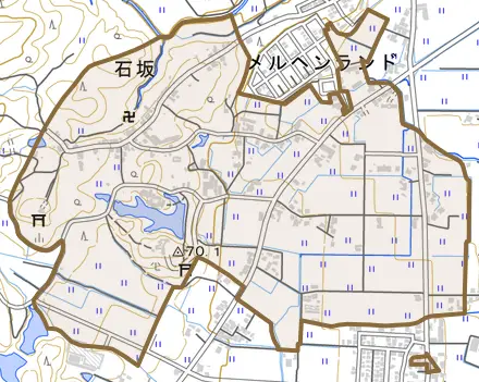 石坂とその周辺の地図。町の範囲を重ねている