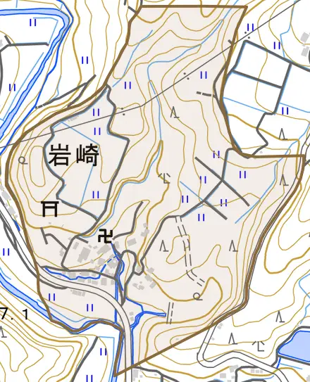 岩崎とその周辺の地図。町の範囲を重ねている