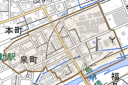 泉町とその周辺の地図。町の範囲を重ねている