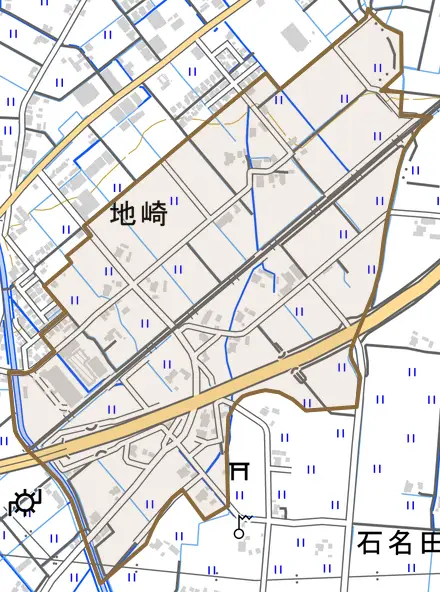 地崎とその周辺の地図。町の範囲を重ねている