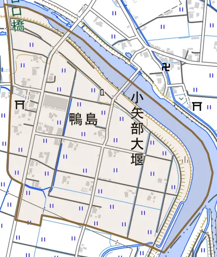 鴨島とその周辺の地図。町の範囲を重ねている