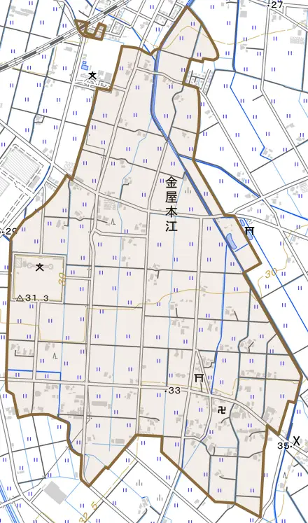 金屋本江とその周辺の地図。町の範囲を重ねている