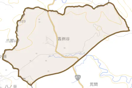 嘉例谷とその周辺の地図。町の範囲を重ねている