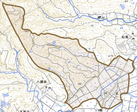 北一とその周辺の地図。町の範囲を重ねている