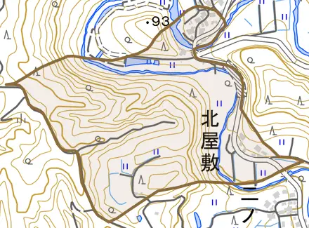 北屋敷とその周辺の地図。町の範囲を重ねている
