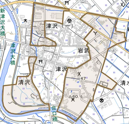 清沢とその周辺の地図。町の範囲を重ねている