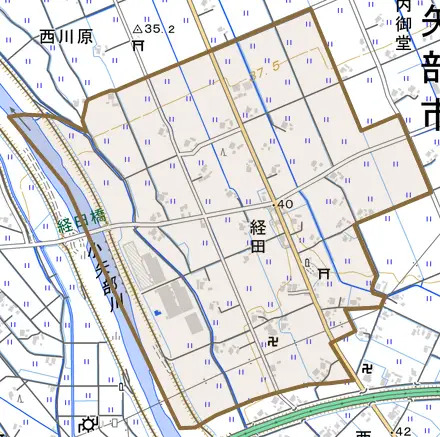 経田とその周辺の地図。町の範囲を重ねている