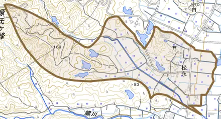 松永とその周辺の地図。町の範囲を重ねている