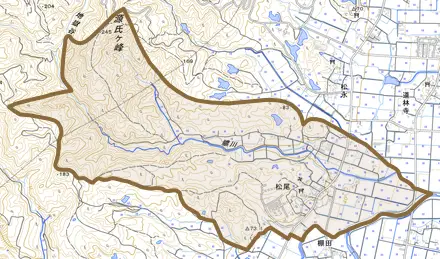 松尾とその周辺の地図。町の範囲を重ねている