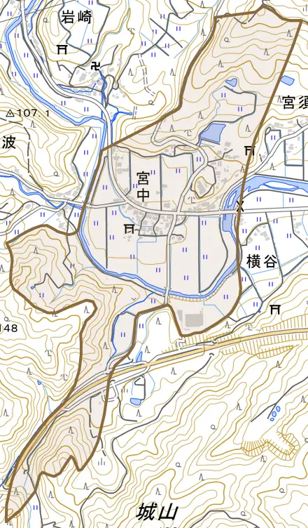 宮中とその周辺の地図。町の範囲を重ねている