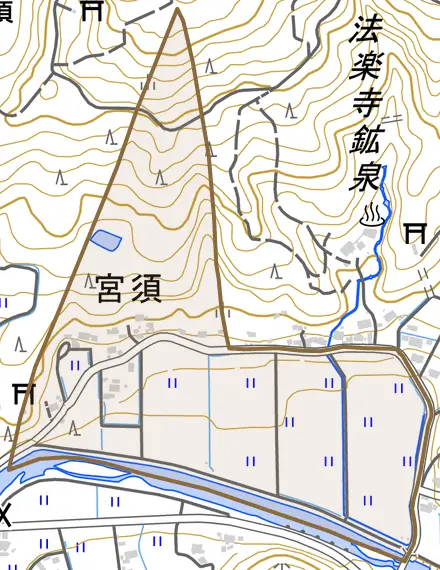 宮須とその周辺の地図。町の範囲を重ねている