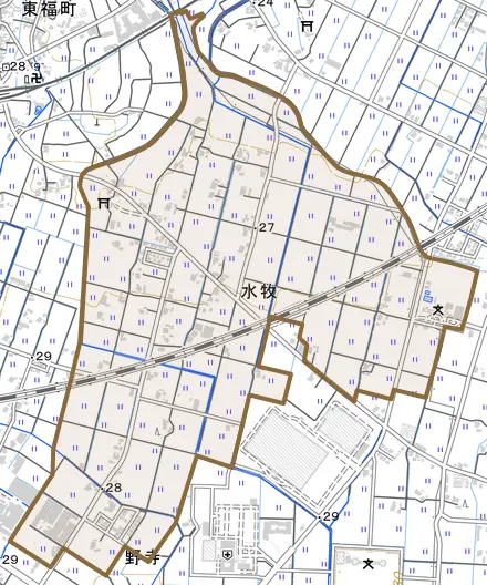 水牧とその周辺の地図。町の範囲を重ねている