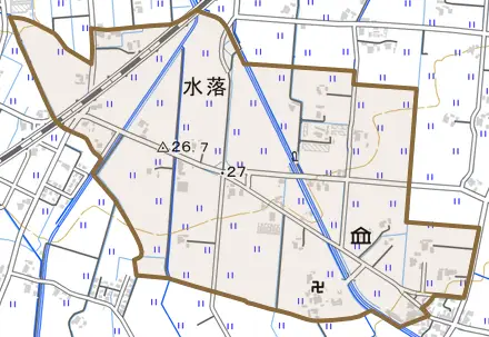 水落とその周辺の地図。町の範囲を重ねている