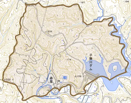 森屋とその周辺の地図。町の範囲を重ねている