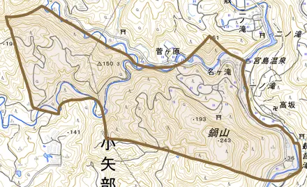名ケ滝とその周辺の地図。町の範囲を重ねている