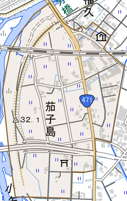 茄子島とその周辺の地図。町の範囲を重ねている