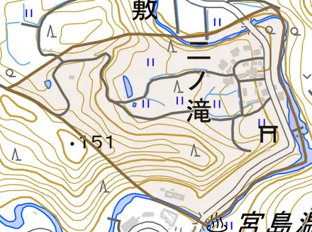 二ノ滝とその周辺の地図。町の範囲を重ねている