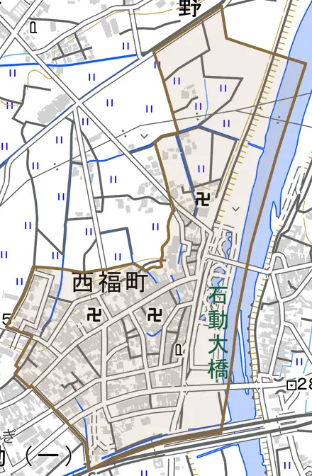 西福町とその周辺の地図。町の範囲を重ねている