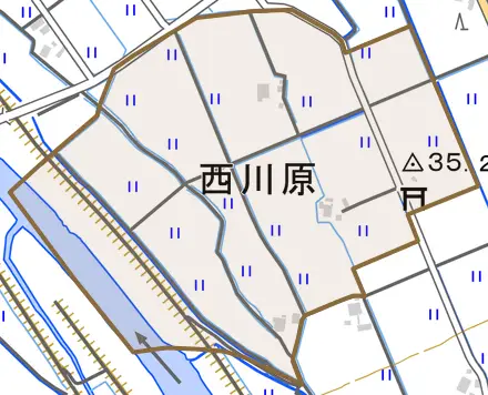 西川原とその周辺の地図。町の範囲を重ねている