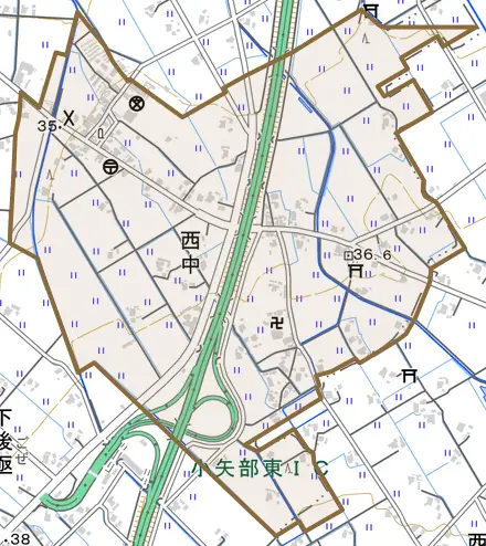 西中とその周辺の地図。町の範囲を重ねている