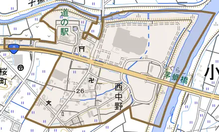西中野とその周辺の地図。町の範囲を重ねている