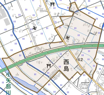 西島とその周辺の地図。町の範囲を重ねている