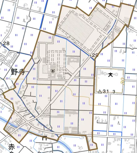 野寺とその周辺の地図。町の範囲を重ねている