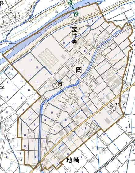 岡とその周辺の地図。町の範囲を重ねている