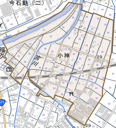 小神とその周辺の地図。町の範囲を重ねている