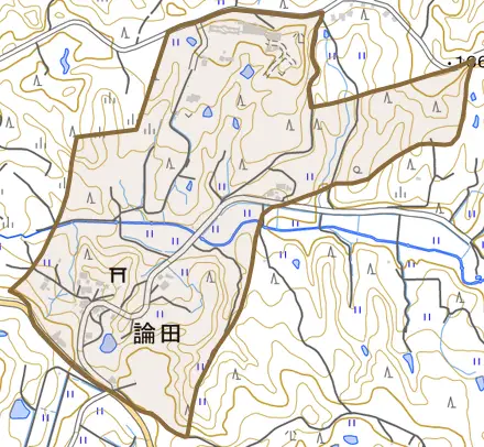 論田とその周辺の地図。町の範囲を重ねている
