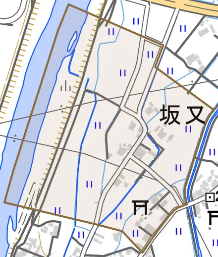 坂又とその周辺の地図。町の範囲を重ねている