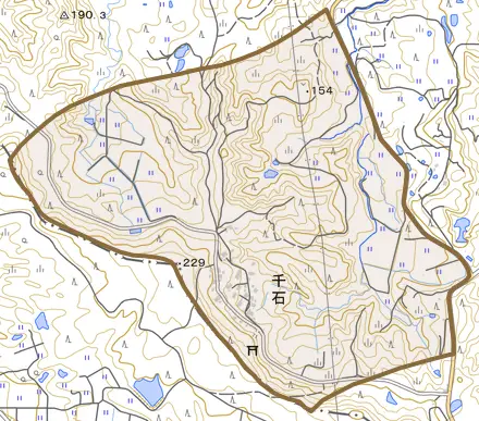 千石とその周辺の地図。町の範囲を重ねている