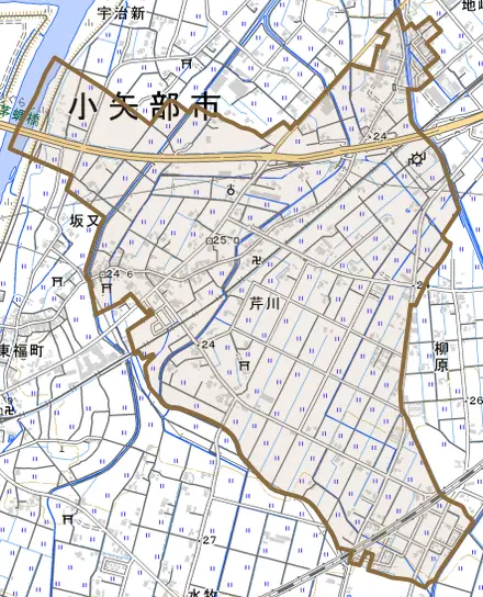 芹川とその周辺の地図。町の範囲を重ねている