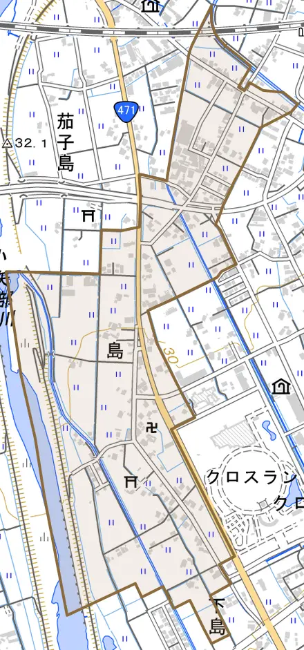 島とその周辺の地図。町の範囲を重ねている
