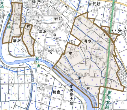 清水とその周辺の地図。町の範囲を重ねている