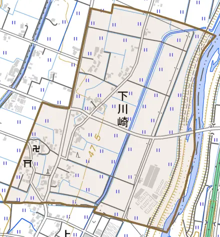 下川崎とその周辺の地図。町の範囲を重ねている