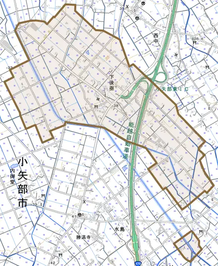 下後亟とその周辺の地図。町の範囲を重ねている