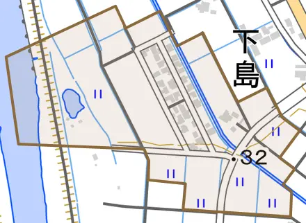 下島とその周辺の地図。町の範囲を重ねている